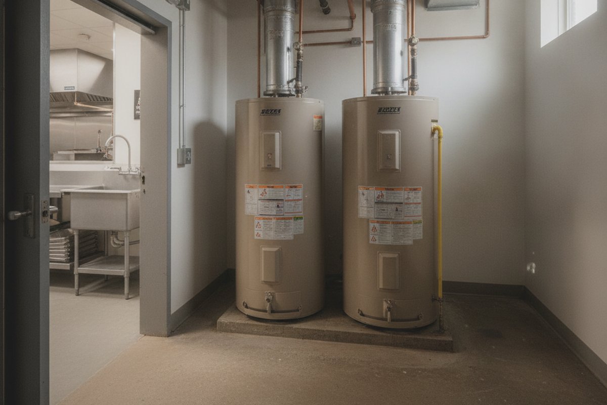 Two commercial gas water heaters in a utility room behind a restaurant kitchen, with gas piping and venting overhead