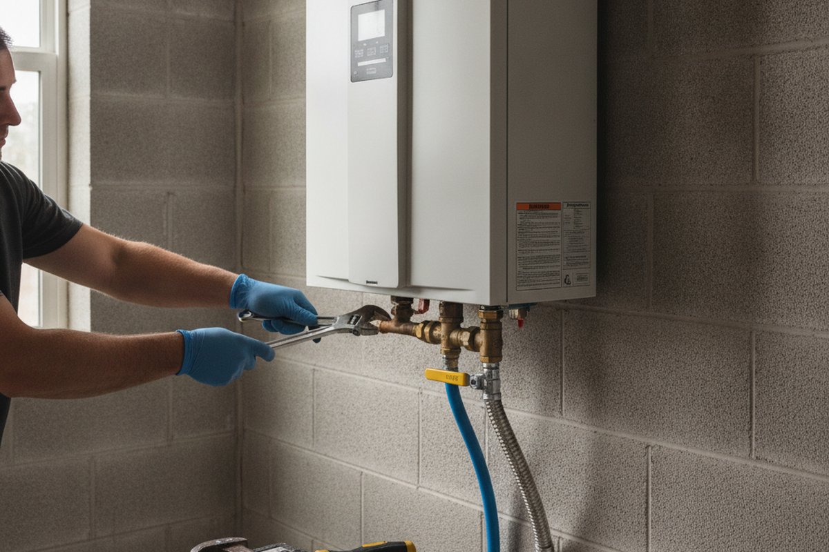 A plumber in work gloves tightening the gas and water connections under a new wall-mounted tankless water heater