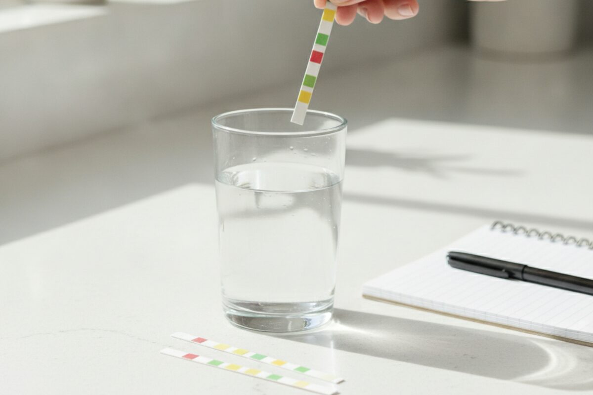 Home water hardness test strip being dipped into a glass of tap water on a kitchen counter