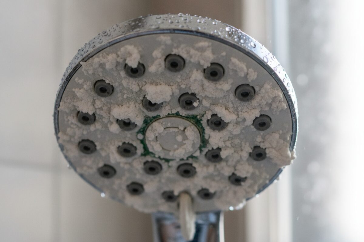 Heavy white mineral scale built up on a chrome showerhead from hard water