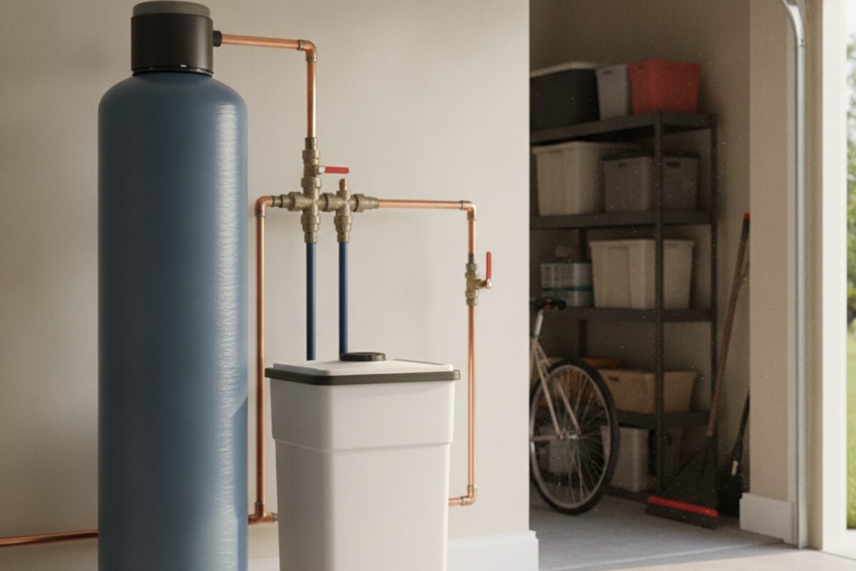 Whole-home water softener with a resin tank, brine tank, and bypass valve installed in a Florida garage