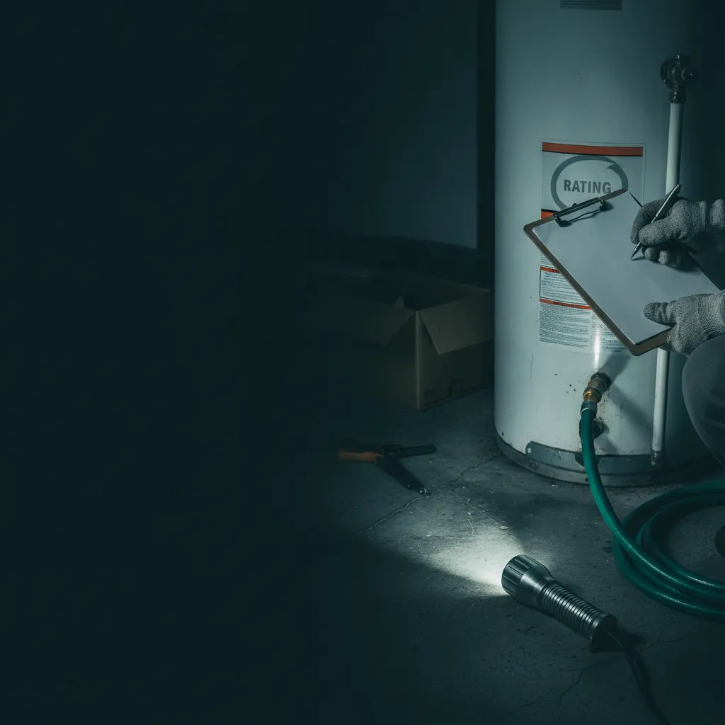 Plumber recording water heater details on a clipboard