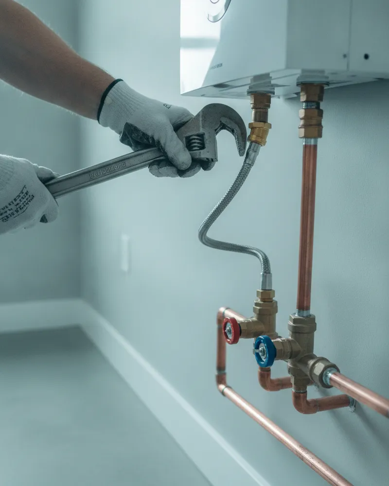 Plumber tightening a fitting on a wall-mounted tankless water heater
