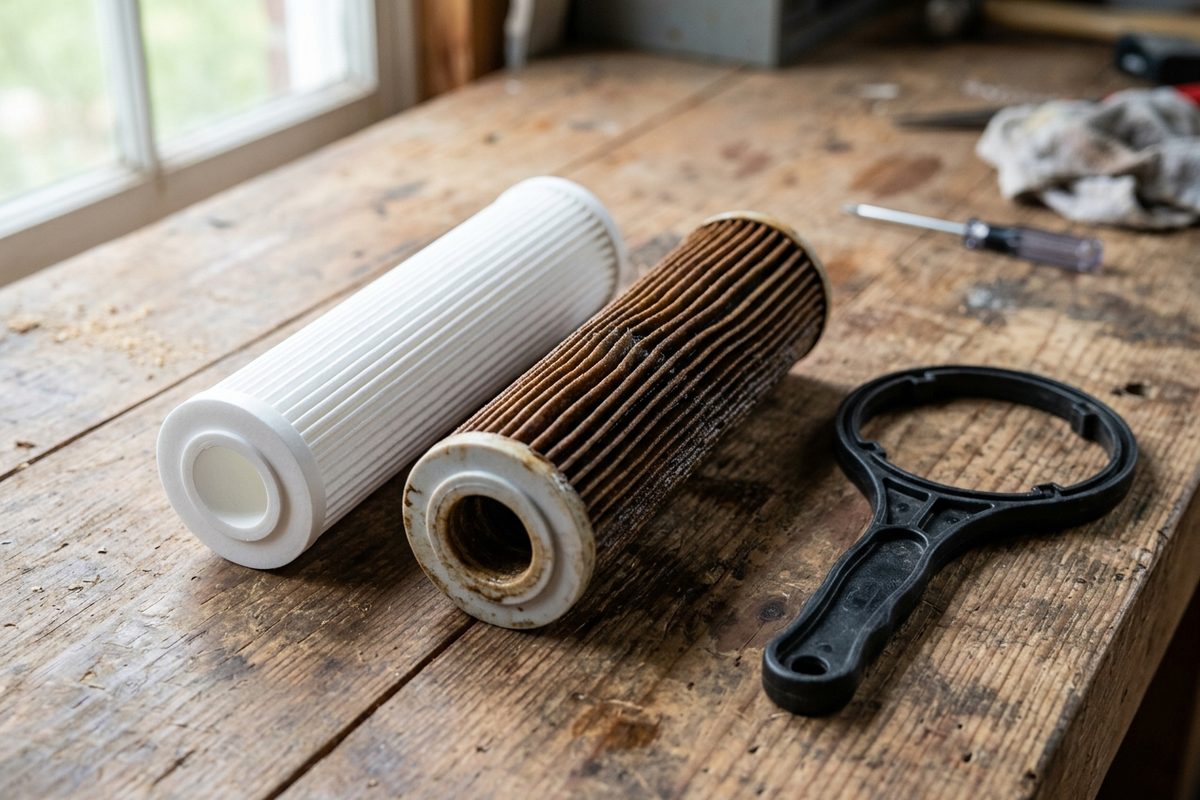 A clean new sediment filter cartridge next to a used, discoloured one on a workbench