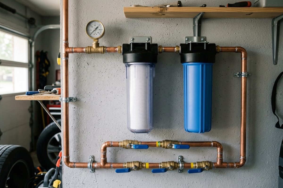 A whole-house water filtration system with sediment and carbon housings and bypass valves mounted on a Florida garage wall
