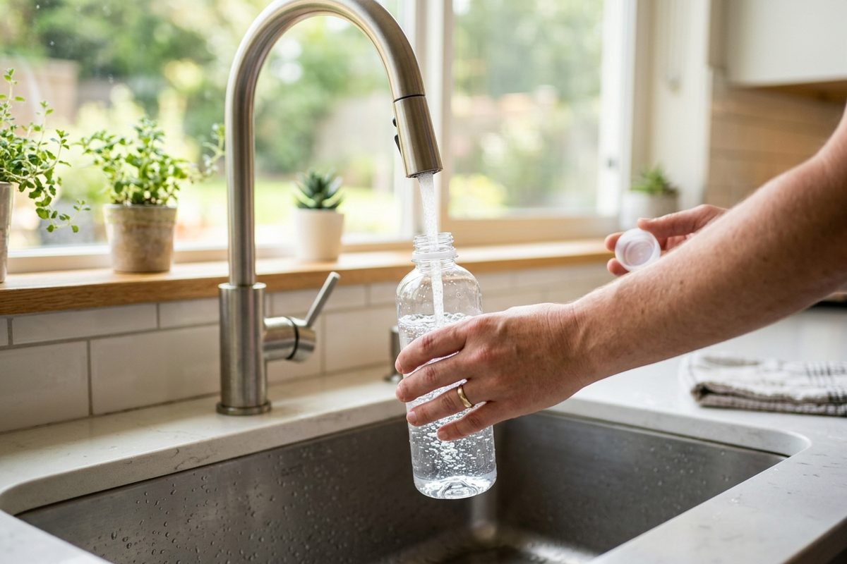 A clear water sample bottle being filled at a kitchen faucet for a home water test