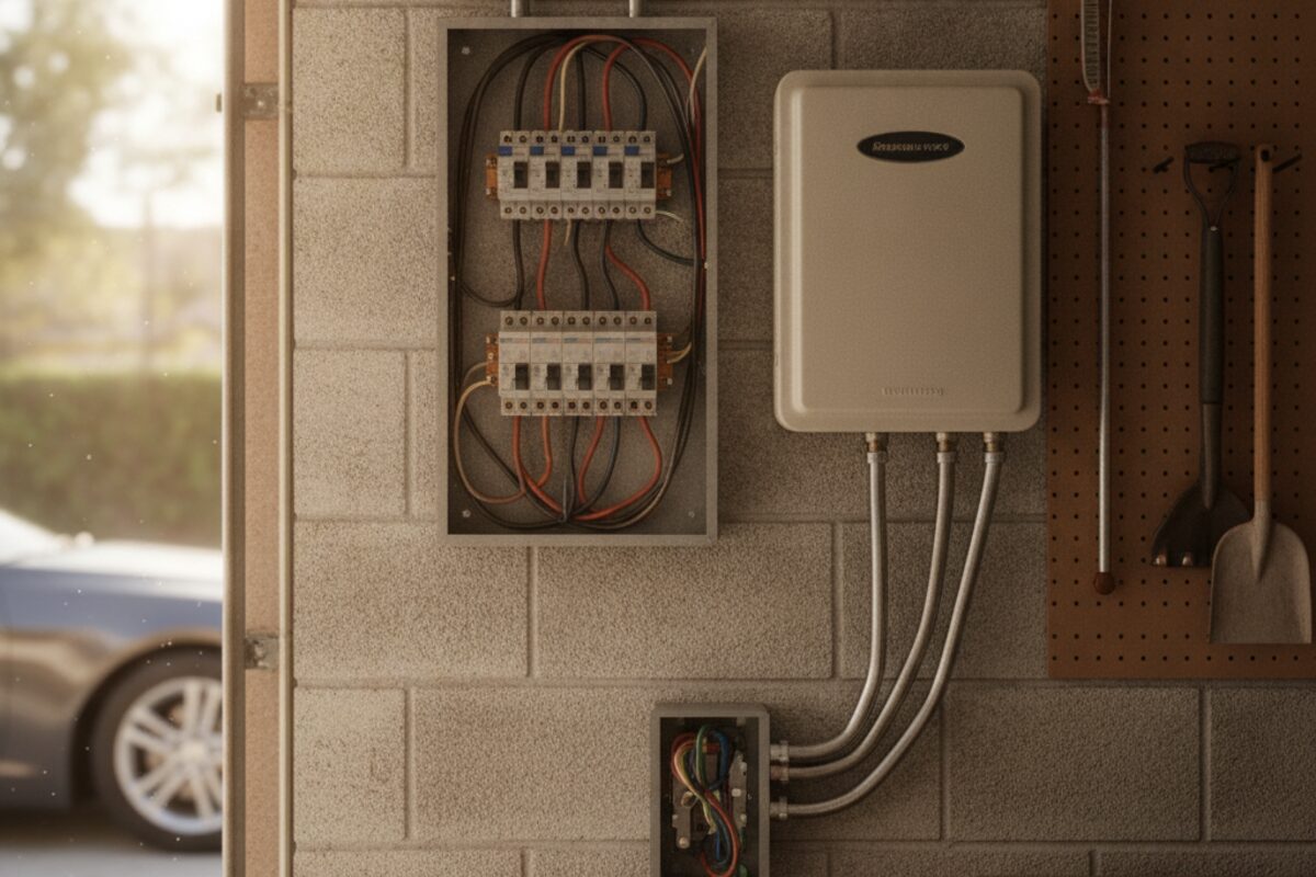 An open residential breaker panel beside a wall-mounted electric tankless water heater with heavy-gauge wiring