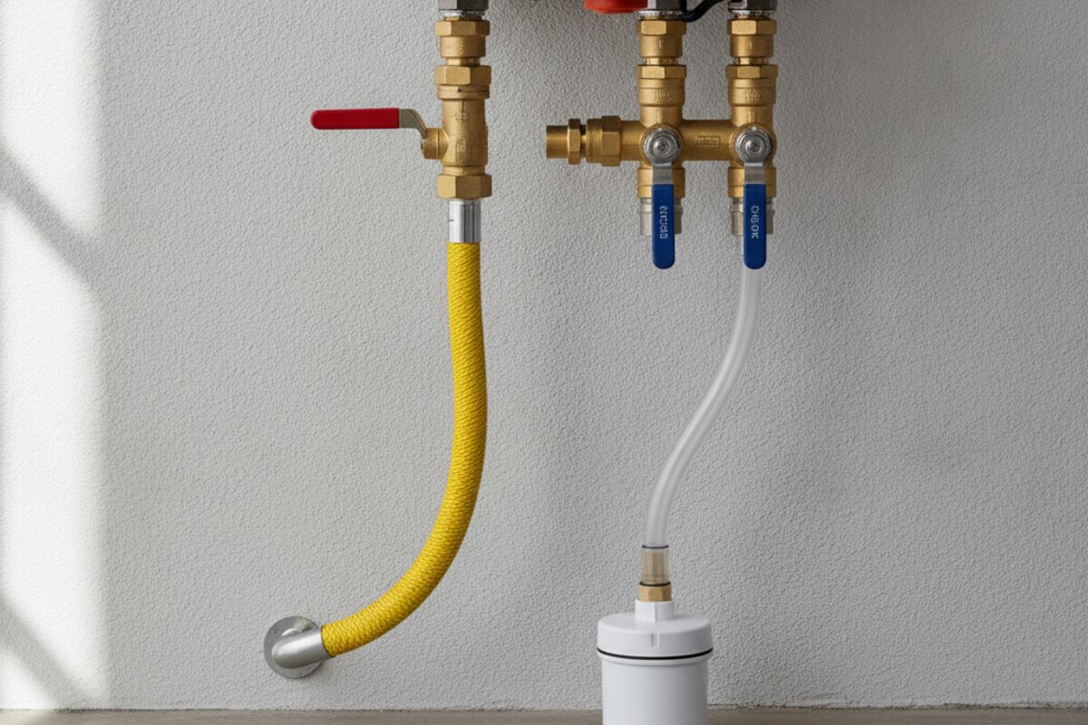 The underside of a gas tankless water heater with a yellow gas supply line, isolation service valves and a condensate drain to a neutralizer