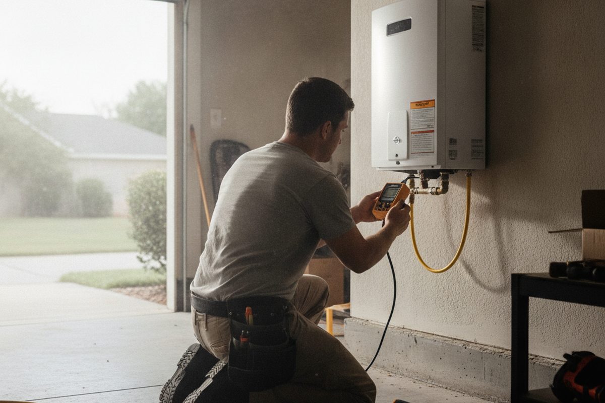 A plumber kneeling beside a wall-mounted gas tankless water heater in a garage, testing the gas supply with a meter