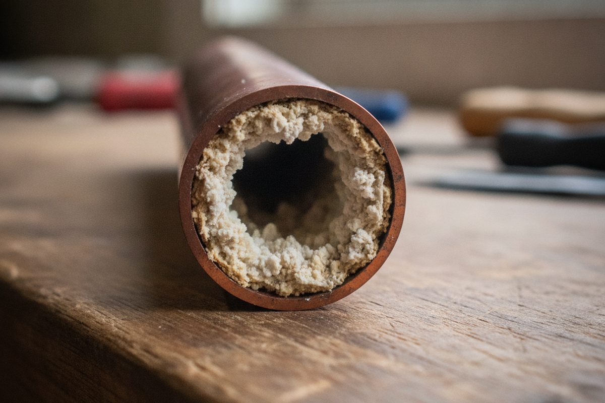 A cut section of copper water heater tubing showing a thick lining of hard-water mineral scale inside