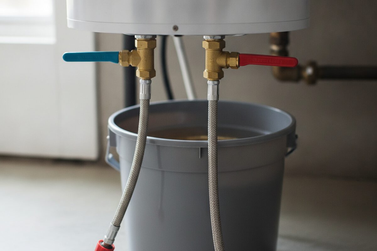 Service isolation valves and flush hoses connected under a tankless water heater for descaling