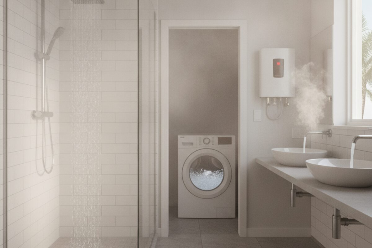 A bathroom with a running shower and a washing machine in use, showing several hot water fixtures running at once