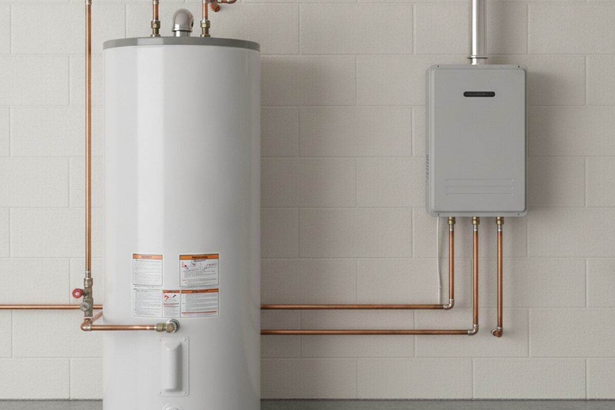 A traditional storage tank water heater beside a wall-mounted tankless water heater in a garage