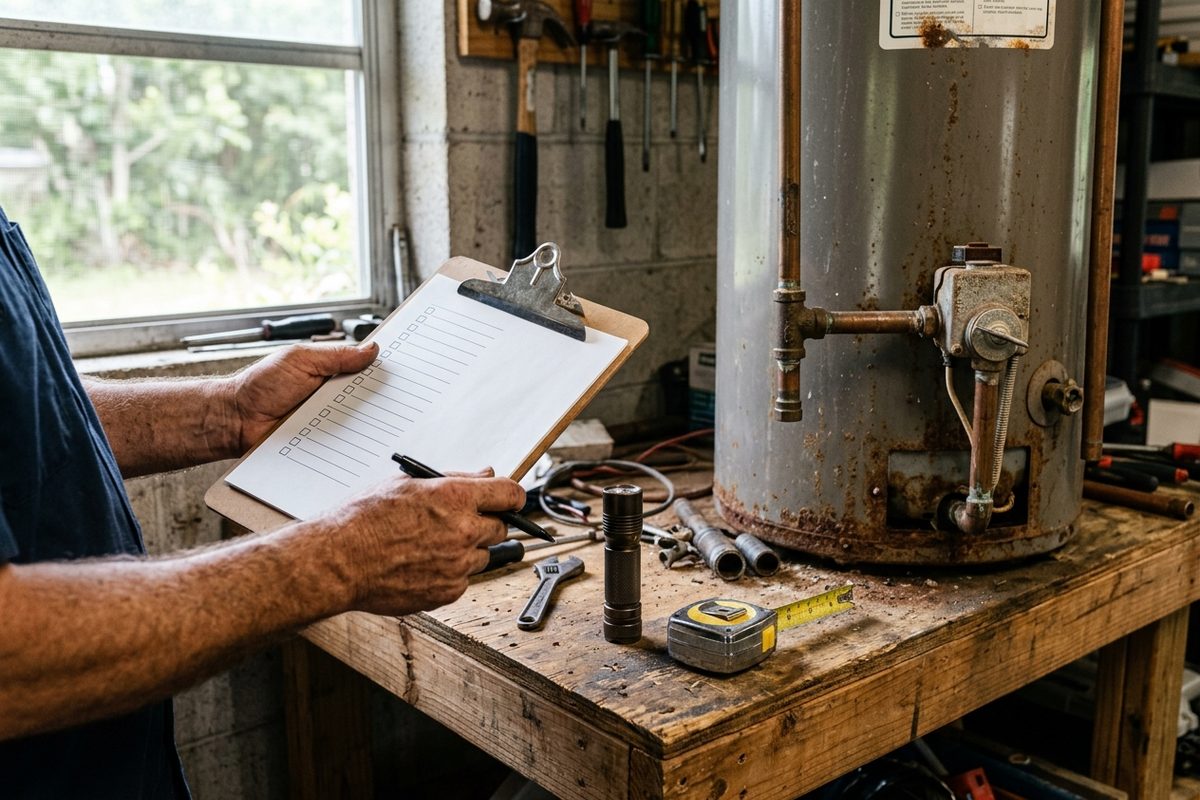 A licensed plumber's clipboard and flashlight beside an older tank water heater in a garage before a replacement quote