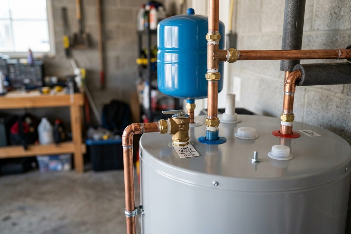 Close-up of a thermal expansion tank and relief valve discharge pipe on a newly installed residential water heater