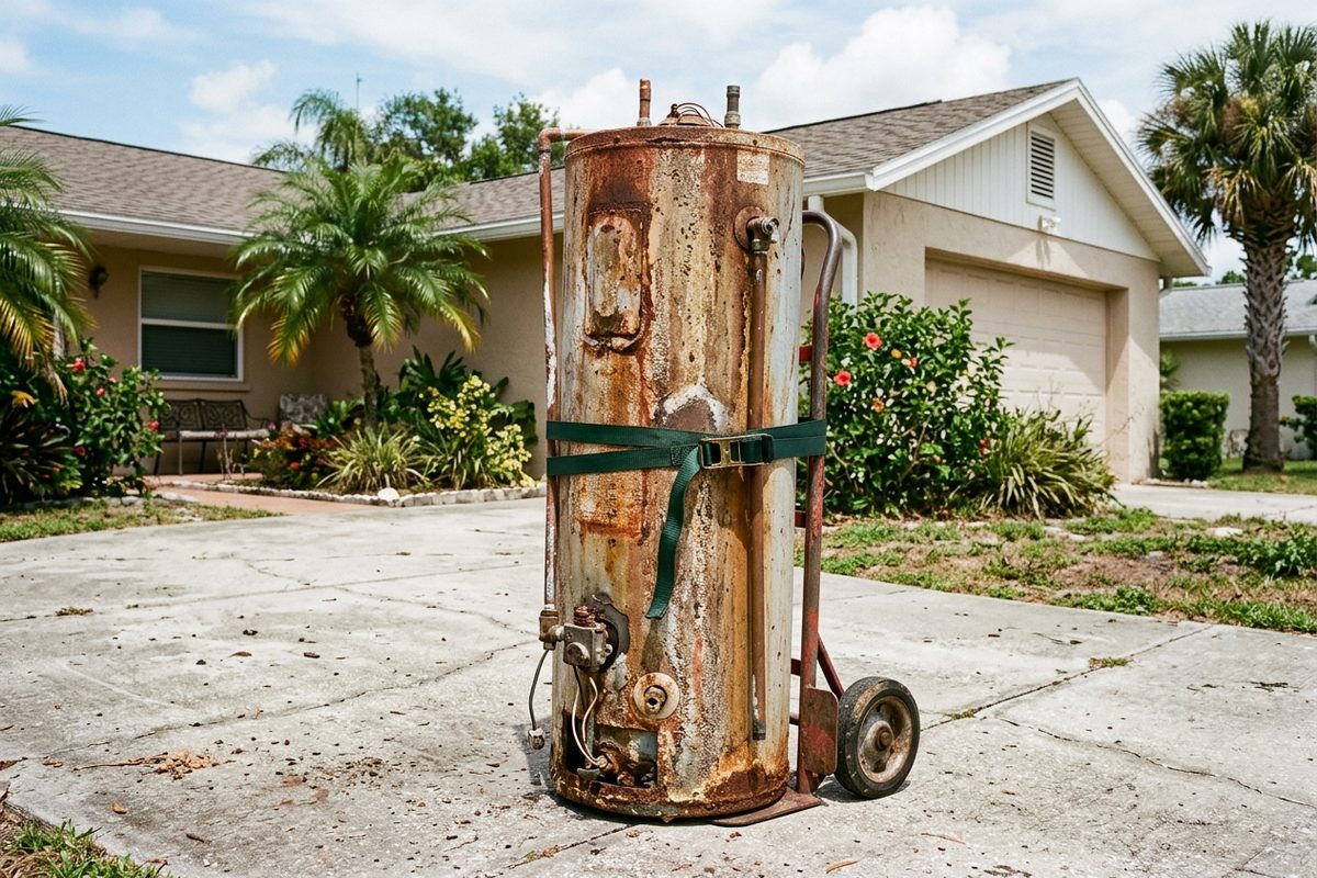 An old, rusted tank water heater on a hand truck in a driveway after removal