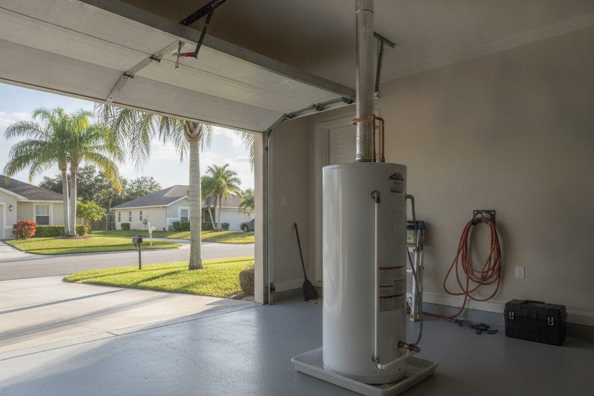 A new white tank water heater standing in a drain pan with fresh copper supply lines in a Florida garage, palm trees visible through the open door