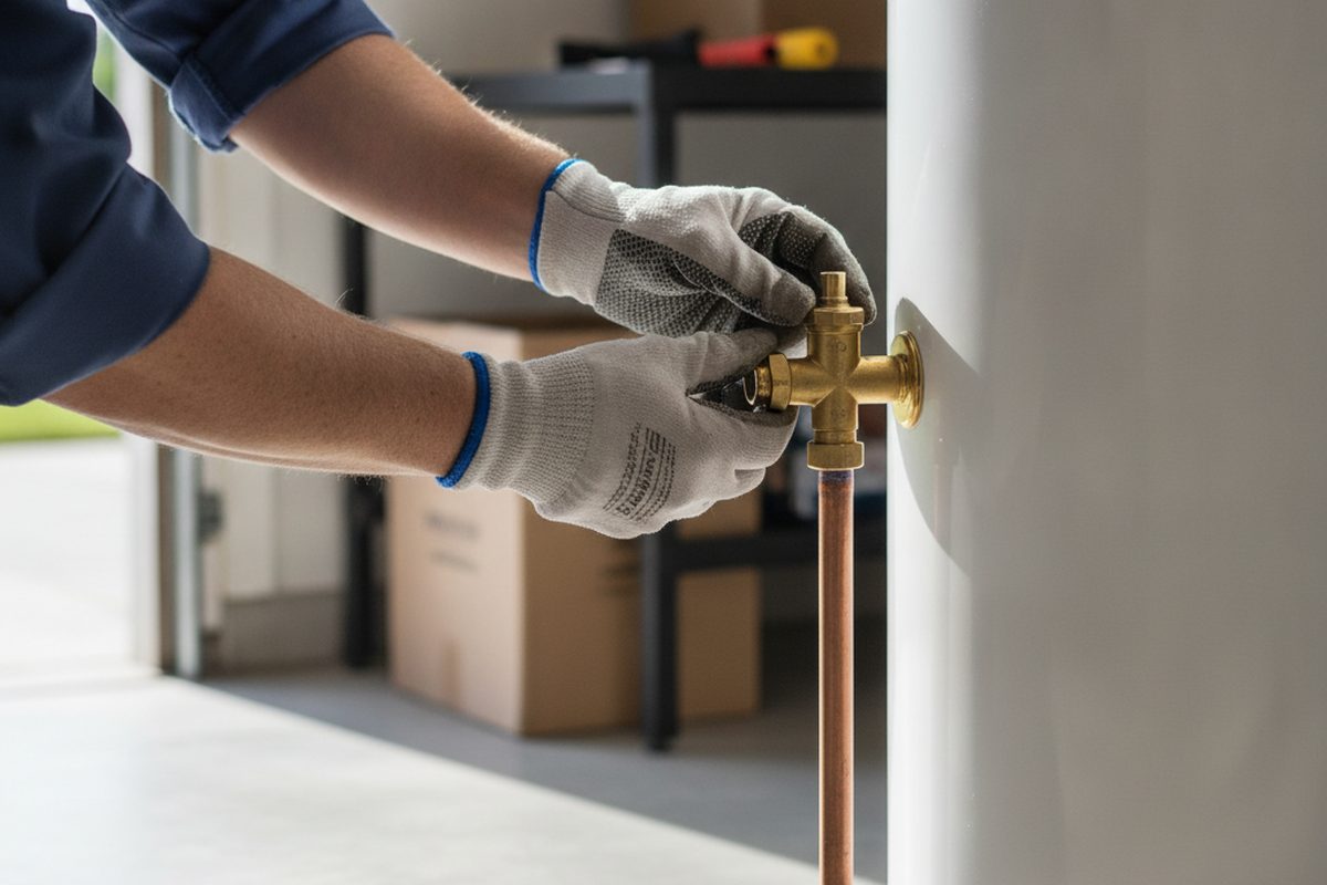 Gloved hands checking the brass temperature and pressure relief valve and copper discharge pipe on a newly installed water heater