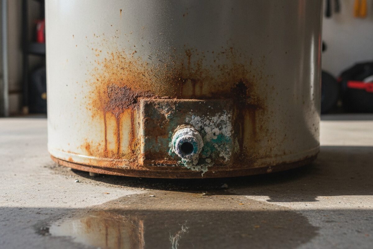 Rust streaks and a small puddle of water around the corroded base of an old tank water heater