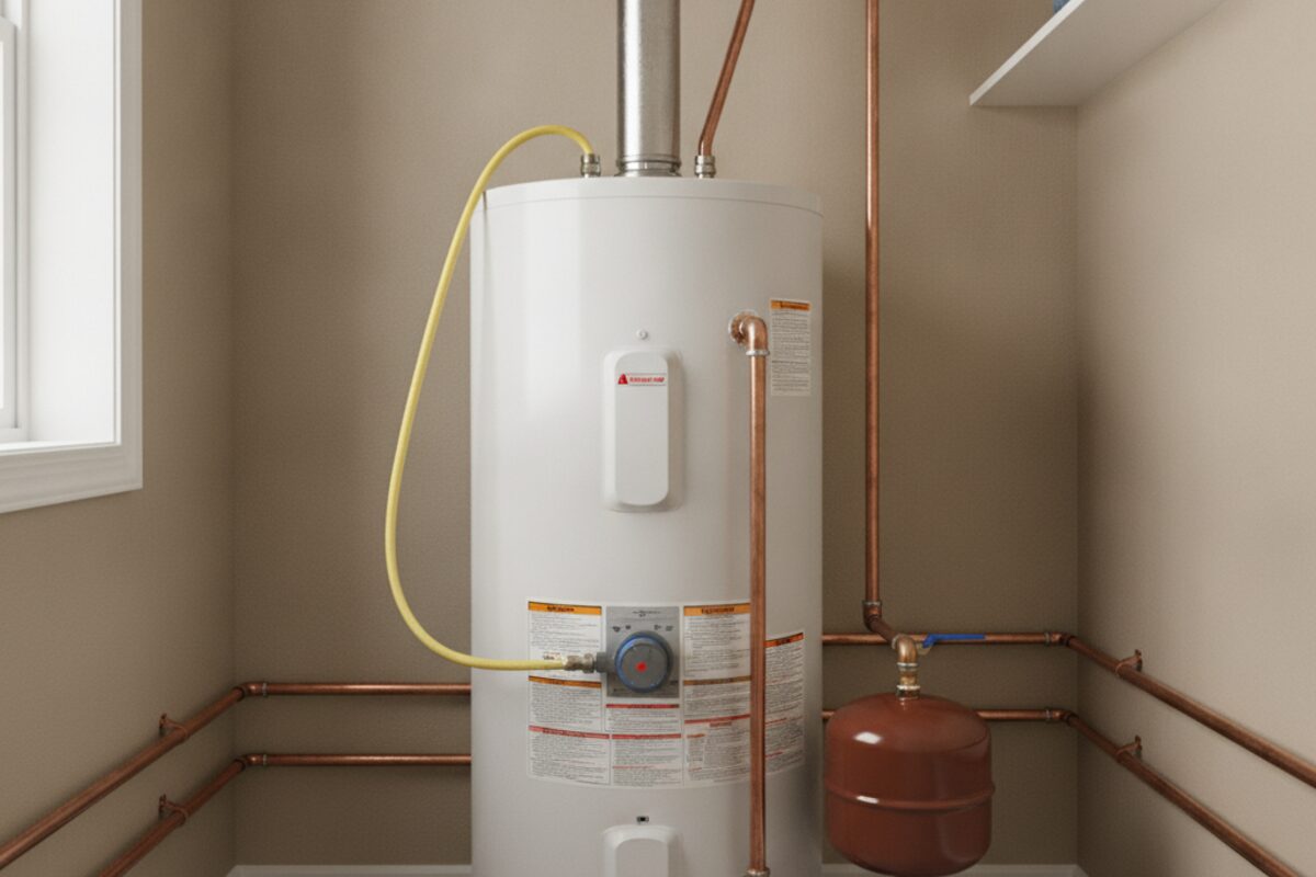 A replacement tank water heater with new supply lines and an expansion tank mounted on the cold-water line
