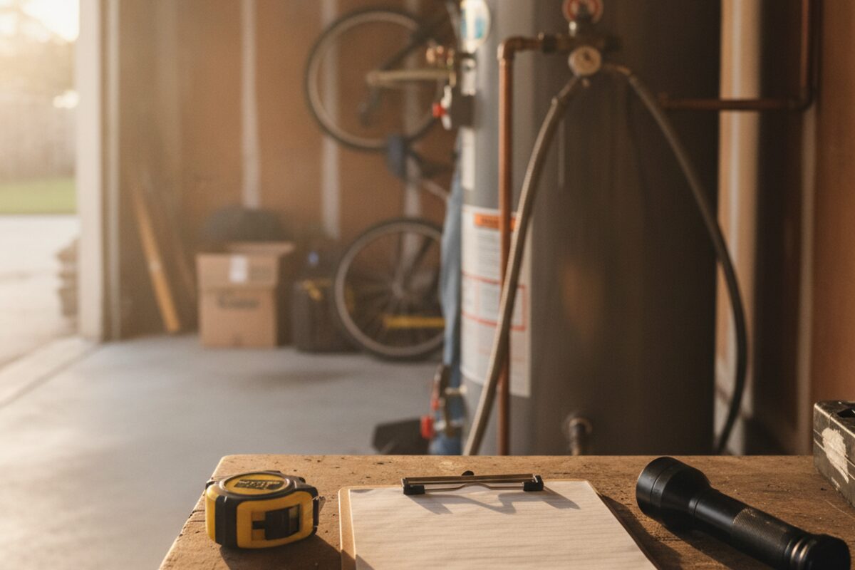A tape measure, flashlight and clipboard on a garage workbench beside a residential water heater before replacement