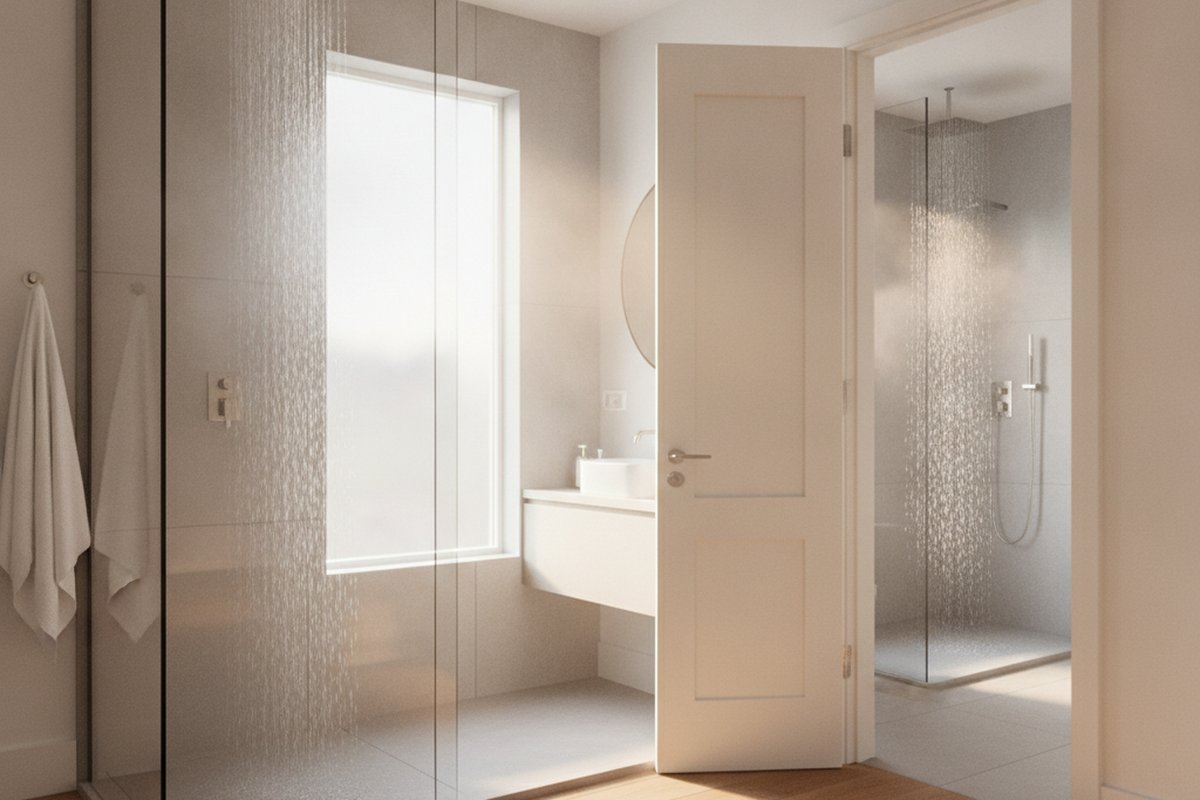 Two showers running at the same time in neighbouring bathrooms of a family home, the kind of simultaneous hot water demand a tankless unit must be sized for