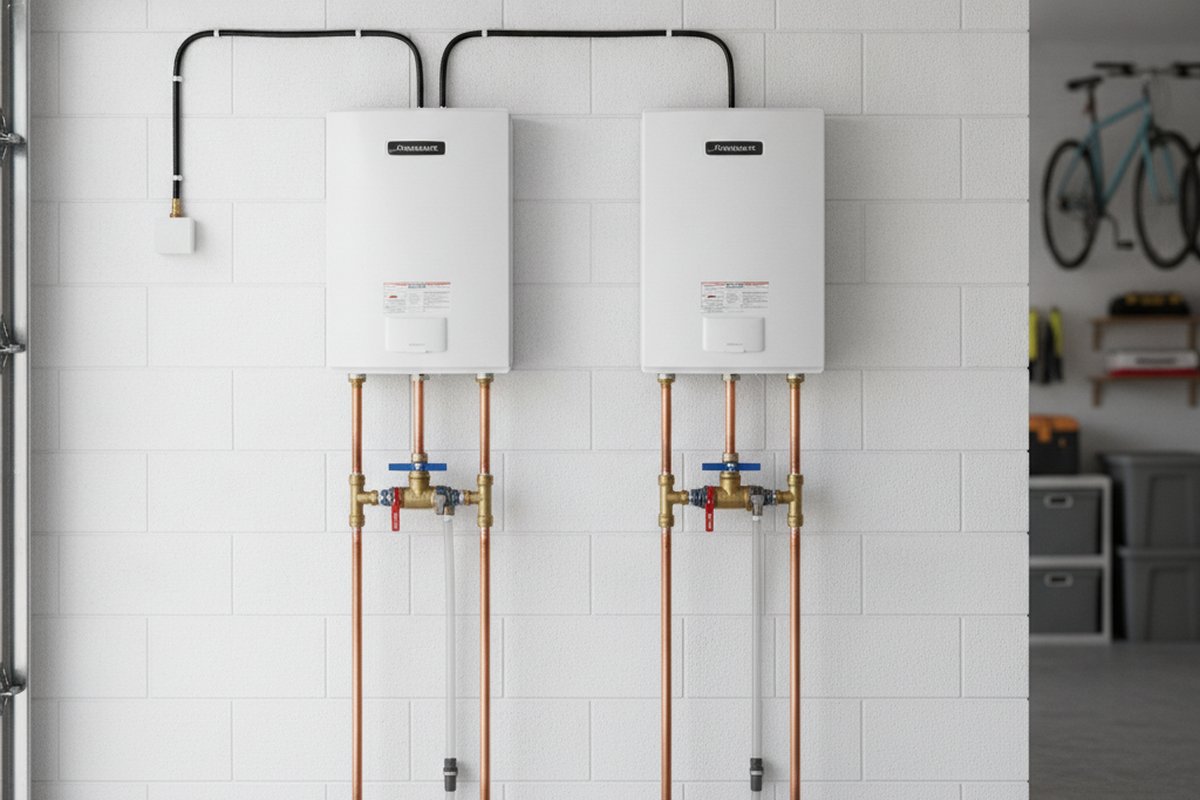 Two wall-mounted tankless water heaters installed side by side in a Florida garage, connected to shared gas and water lines